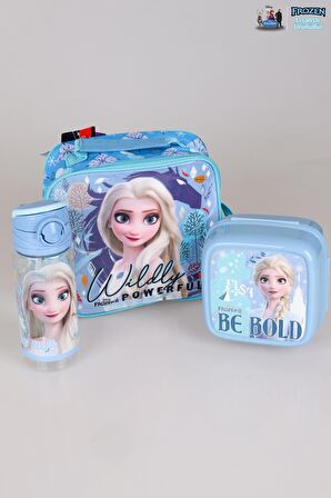 DEKOMUS LİSANSLI "MAVİ KARLAR ÜLKESİ ELSA FROZEN KOLEKSİYONU "BESLENME ÇANTASI,BESLENME KABI VE 500 ML TRITAN MATARA OKUL/KIRTASİYE SETİ