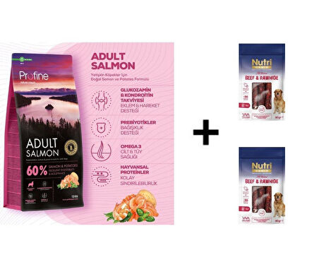 Profine Salmon Glutensiz Somonlu Yetişkin Köpek Maması 12 Kg + 2 Adet Nutri Canin Rawhide Dana Eti Sarılı Kemik Köpek Ödülü 80 Gr