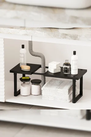 Plastik Genişletilebilir Raf Ayarlanabilir Düzenleyici Mutfak Banyo Düzenleyici - Tek Katlı - Siyah