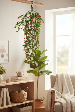 Yapay Çiçek Kırmızı Sarkan Lotus Çiçekli Okaliptus Şimşir Yapay Sarmaşık 5dal 60cm