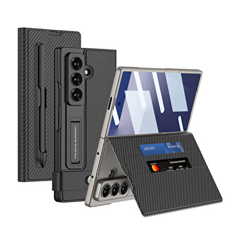 Galaxy Z Fold 7 Suni Deri Tasarımlı Kalem Bölmeli Kıpta Kartlıklı Standlı Kapak