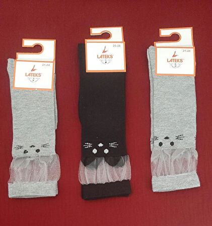 Kız Çocuk Dizaltı Kedi Desenli Okul Çorabı 21-24 Ayak Numarası 3'lü Paket  