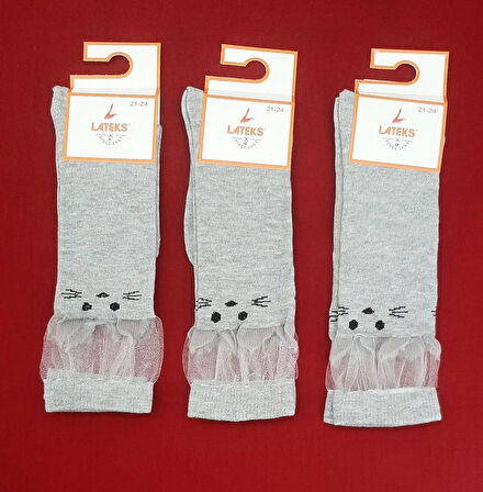 Kız Çocuk Dizaltı Kedi Desenli Okul Çorabı 21-24 Ayak Numarası 3'lü Paket  