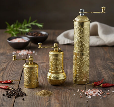 LUDIA Zamak Metal Altın Renk 3 lü Set Karabiber,Kahve,Çörek Otu El Değirmeni Öğütücü Grinder S2