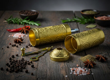LUDIA Zamak Metal Altın Renk 3 lü Set Karabiber,Kahve,Çörek Otu El Değirmeni Öğütücü Grinder S2