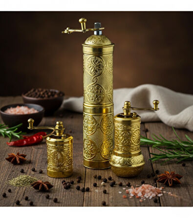 LUDIA Zamak Metal Altın Renk 3 lü Set Karabiber,Kahve,Çörek Otu El Değirmeni Öğütücü Grinder S2