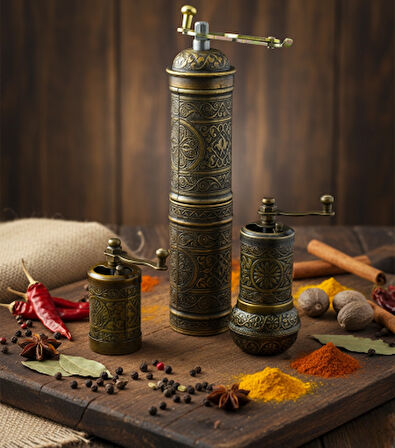 LUDIA Zamak Metal Antik Renk 3 lü Set Karabiber,Kahve,Çörek Otu El Değirmeni Öğütücü Grinder S2