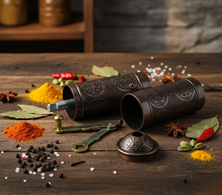 LUDIA Zamak Metal Bakır Renk 3 lü Set Karabiber,Kahve,Çörek Otu El Değirmeni Öğütücü Grinder S2