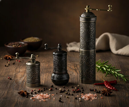 LUDIA Zamak Metal Kalay Renk 3 lü Set Karabiber,Kahve,Çörek Otu El Değirmeni Öğütücü Grinder S2