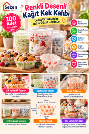 100’lü Kağıt Muffin Kabı Renkli Desenli Kek Kalıbı Fırına Uygun Kutulu Kek Kapsülü