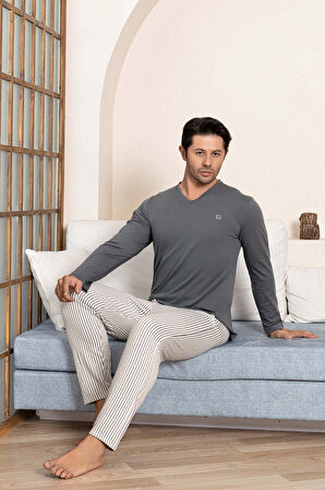 Erkek Düğmesiz Çizgili Jakar Kumaş Mevsimlik Kol Manşetli Uzun Kol Cepli Pijama Takımı