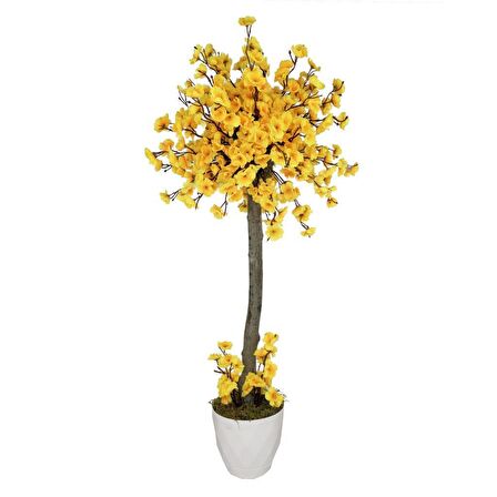 Yapay Ağaç Sarı Bahar Dalı Japon Kiraz Çiçeği Beyaz Saksılı 90cm