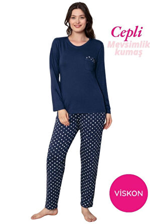 Kadın Bisiklet Yaka Düğmesiz Dökümlü Viskon Mevsimlik Uzun Kollu Cepli Pijama Takımı