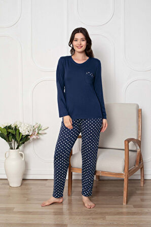 Kadın Bisiklet Yaka Düğmesiz Dökümlü Viskon Mevsimlik Uzun Kollu Cepli Pijama Takımı