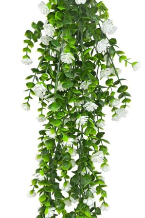 Yapay Çiçek Beyaz Sarkan Lotus Çiçekli Okaliptus Şimşir Yapay Sarmaşık 5dal 60cm