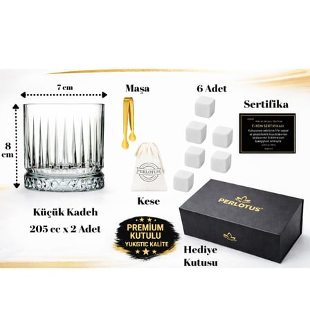 Perlotus Antalya Seri Viski Bardak Seti 2’li Kristal Kadeh Soğutma Taşı Maşalı Mıknatıslı Hediye Kutulu Sertifikalı Erkek Hediye Seti