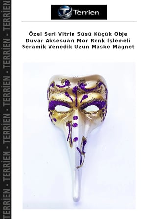 Özel Seri Vitrin Süsü Küçük Obje Duvar Aksesuarı Mor Renk İşlemeli Seramik Venedik Uzun Maske Magnet