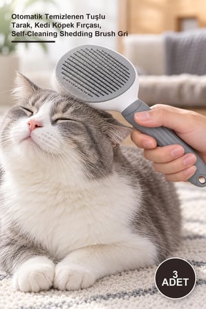 3 Adet Evcil Hayvan Tüy Tarağı – Otomatik Temizlenen Tuşlu Tarak, Kedi Köpek Fırçası, Self-Cleaning Shedding Brush Gri