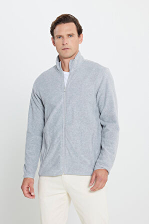 Erkek Gri Anti-pilling Tüylenme Yapmayan Standart Fit Normal Kesim Bato Yaka Sweatshirt Polar Ceket