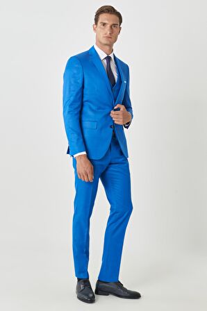 Erkek Saks Mavi Ekstra Slim Fit Dar Kesim Mono Yaka Pick Desenli Yelekli Takım Elbise