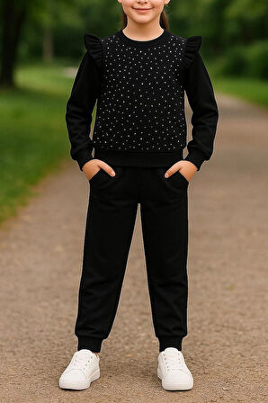 Kız Çocuk Taşlı Fırfır Detaylı Eşofman Takımı - İki Renk Seçenekli