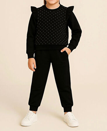 Kız Çocuk Taşlı Fırfır Detaylı Eşofman Takımı - İki Renk Seçenekli