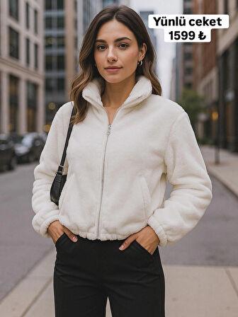 KADIN BEYAZ YÜNLÜ FERMUARLI CEKET