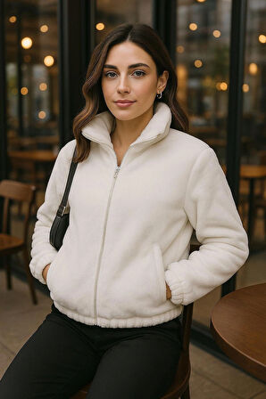 KADIN BEYAZ YÜNLÜ FERMUARLI CEKET