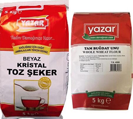 Yazar Kristal Toz Şeker(Kraft Ambalaj) 5 Kg + Tam Buğday Unu 5 Kg