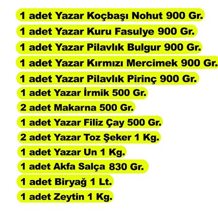 Yazar Ramazan Paketi 13 Parça 12,5 Kg.