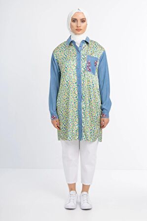 Taş İşlemeli Tencel ve Desen Kumaşlı Tunik - Desen - 3