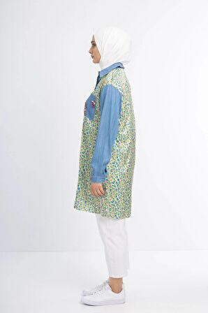 Taş İşlemeli Tencel ve Desen Kumaşlı Tunik - Desen - 3