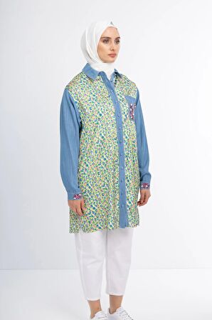 Taş İşlemeli Tencel ve Desen Kumaşlı Tunik - Desen - 3