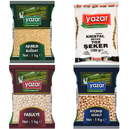 Yazar Aşure Paketi 1KG Fasulye+1KG Toz Şeker+1KG Nohut+1Kg Aşurelık Buğday=4 kg Toplam