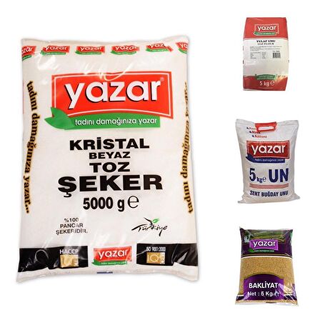 Yazar Kuru Gıda Seti 5KG Yulaf Unu+5KG Pilavlık Bulgur+5KG Çok Amaçlı Un+5KG Toz Şeker=20 