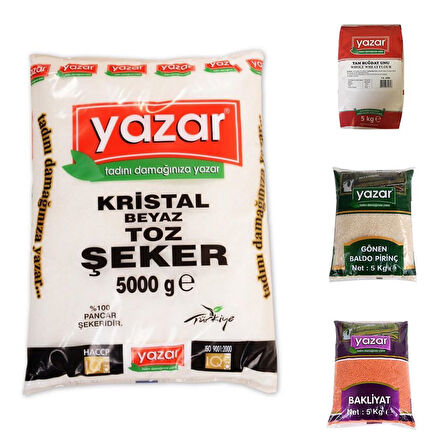 Yazar Kuru Gıda Setı 5kg Gönen Baldo 5kg Kırmızı Mercimek 5Kg Tam Buğday Unu 5Kg Toz Şeker