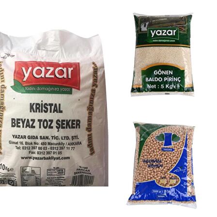 Yazar Kuru Gıda Seti 5KG Gönen Baldo Pirinç+5kg Nohut+10KG Toz Şeker=20kg Toplam 