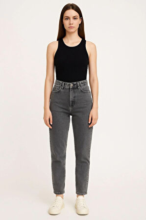 ACZA – Kadın Gri Yüksek Bel Mom Jean Pantolon (Taşlanmış Denim)