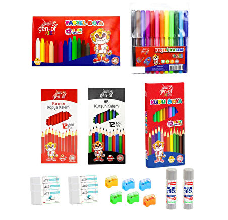 Gen-Of Okula Başlangıç Seti 2 Kuru Boya-Pastel Boya-Keçeli Kalem-Kurşun Kalem-Kopya Kalemi 12 Li Silgi Kalemtıraş Glue Stick