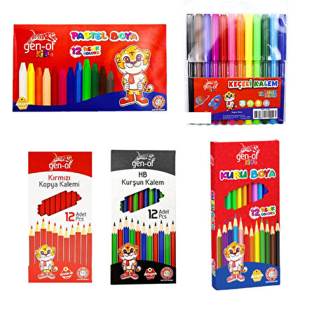 Gen-Of Okula Başlangıç Seti 2 Kuru Boya-Pastel Boya-Keçeli Kalem-Kurşun Kalem-Kopya Kalemi 12 Li Silgi Kalemtıraş Glue Stick