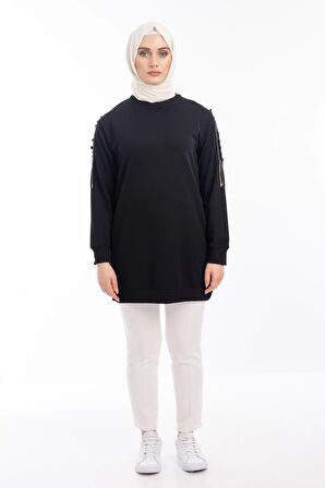 İPEKSİ İKİ İPLİK SWEATSHIRT KOLU PUL VE ZİNCİR İŞLEMELİ - Siyah