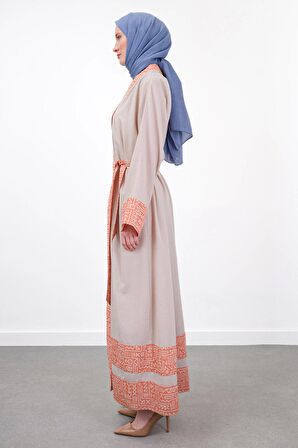 Garni Detaylı Kuşaklı Keten İkili Kimono - Oranj