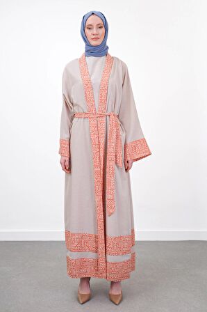 Garni Detaylı Kuşaklı Keten İkili Kimono - Bej/Oranj