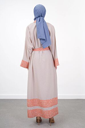 Garni Detaylı Kuşaklı Keten İkili Kimono - Bej/Oranj