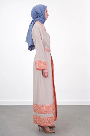 Garni Detaylı Kuşaklı Keten İkili Kimono - Bej/Oranj