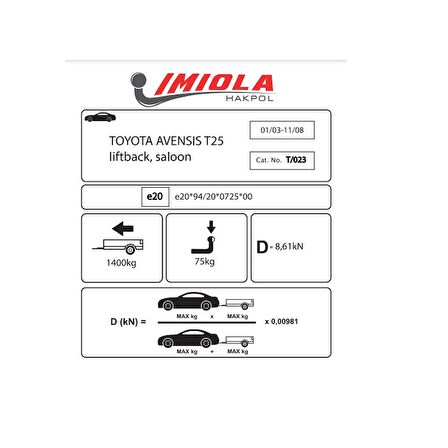 Hakpol-Toyota Avensis Liftback Sedan 01/2003-11/2008 Arası Çeki Demiri