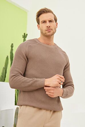 Erkek Bisiklet Yaka Selanik Örgü Pamuklu Triko Kazak Vizon