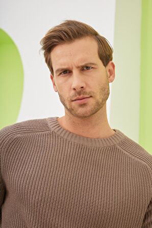 Erkek Bisiklet Yaka Selanik Örgü Pamuklu Triko Kazak Vizon