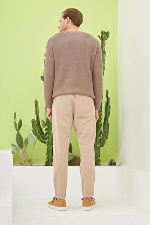 Erkek Bisiklet Yaka Selanik Örgü Pamuklu Triko Kazak Vizon