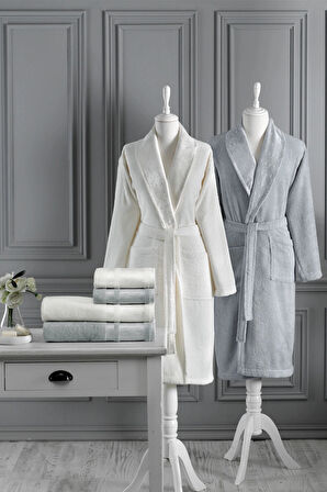 Özdilek Dori Aile Bornoz Seti 6 Parça Krem-Gri